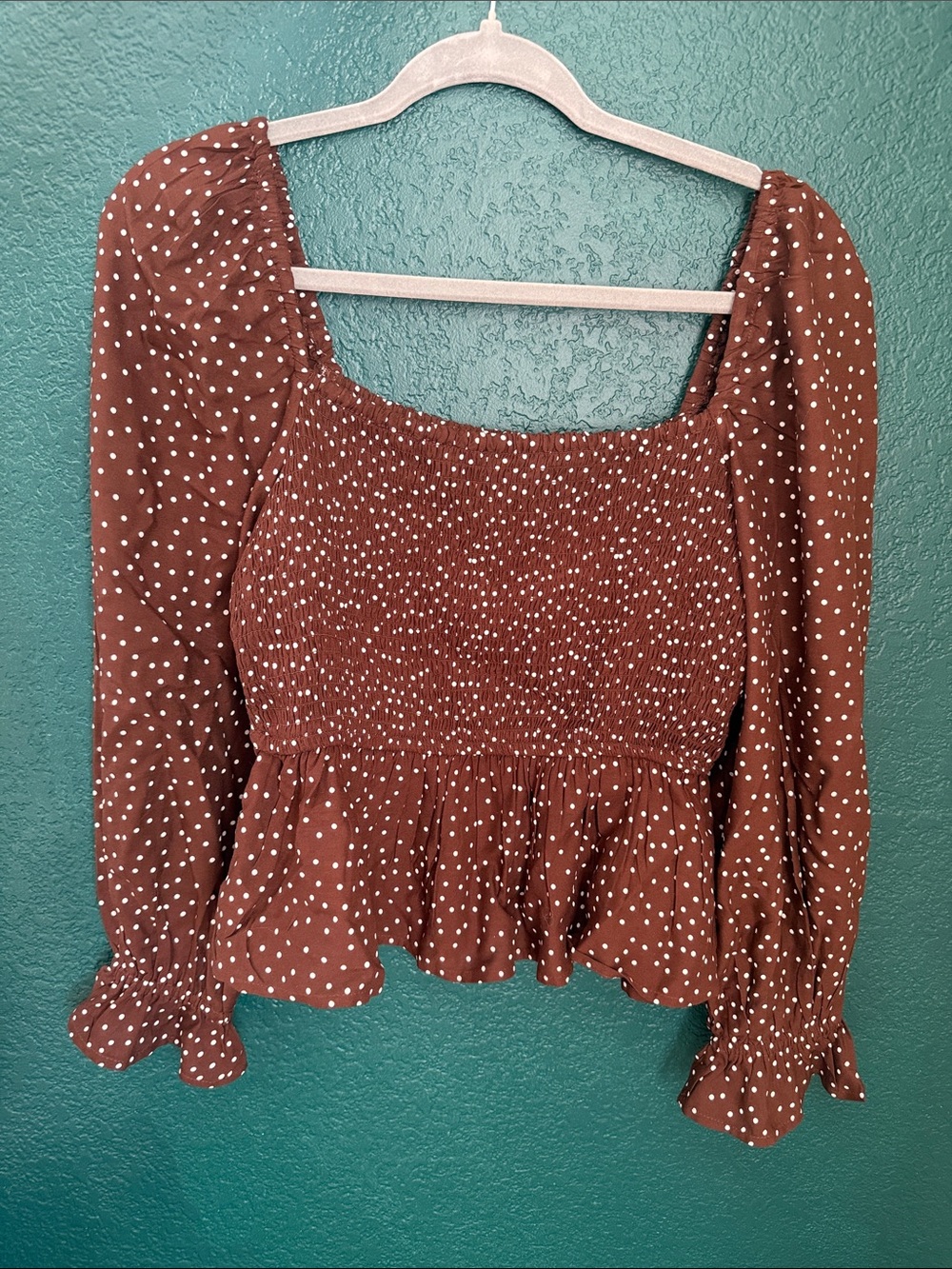 Smocked Peplum Long-Sleeve Top in Rust with Polka Dots
